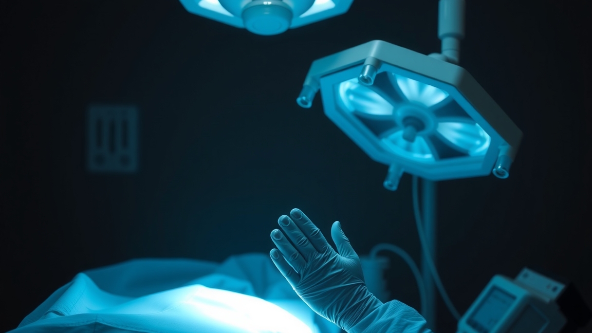 Sebészeti kéz és világító műtő lámpák az érzéstelenítés után