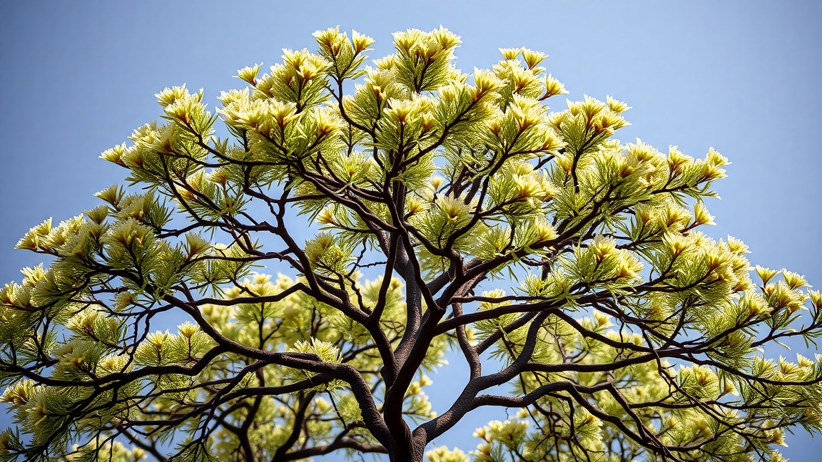 Indiai tömjénfa kora tavaszi virágzásban, zöld levelekkel.