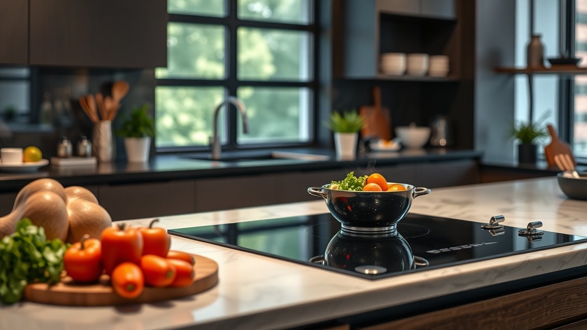 Indukciós főzőlap zöldségekkel és gyümölcsökkel a konyhában.