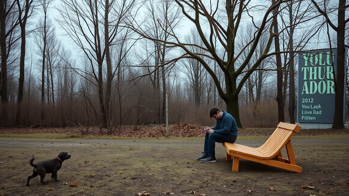 Fiatal férfi ül egy padon, miközben hívást vár egy ingerszegény környezetben.