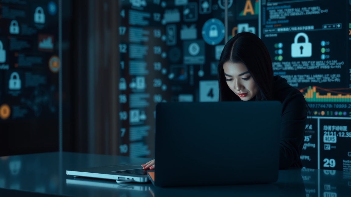 Nő számítógépen dolgozik, digitális adatbiztonság téma.