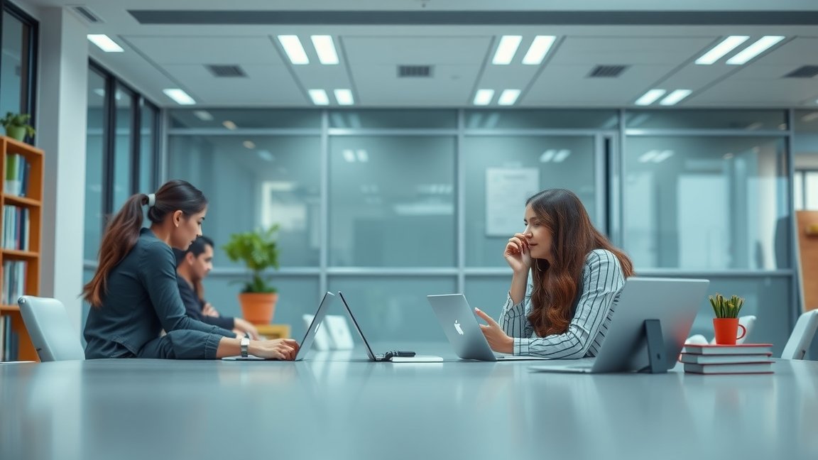 Nők online tanuláshoz laptopon tanulmányoznak egy modern irodában.