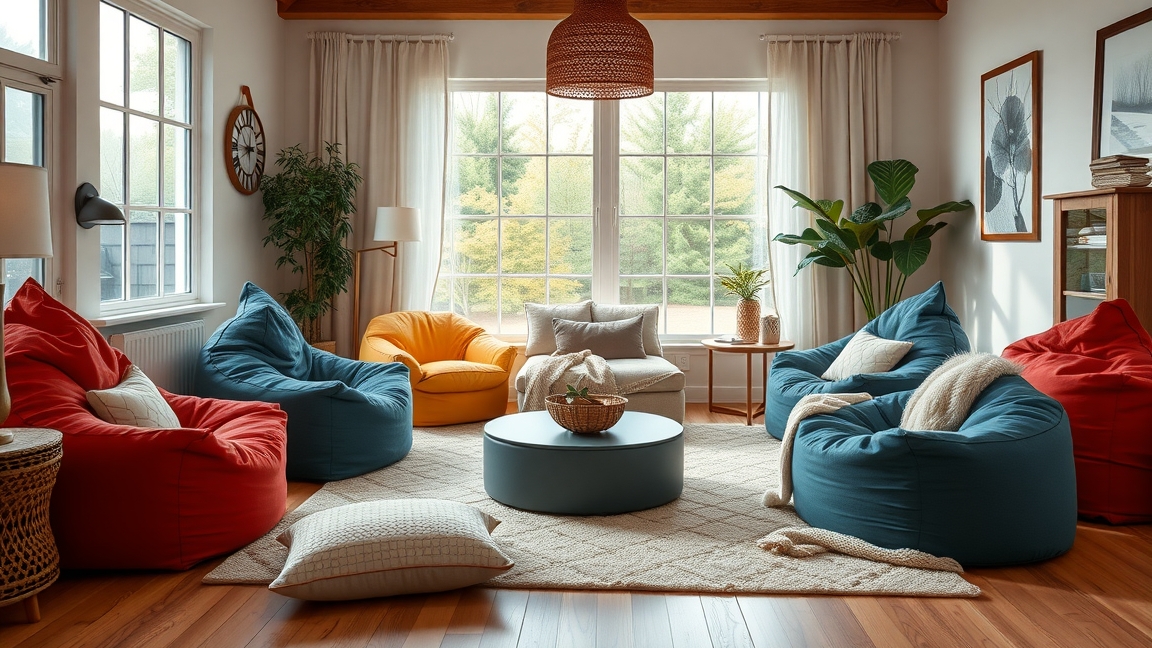 Színes babzsákfotelek egy világos nappaliban, kényelmes otthoni stílusban.