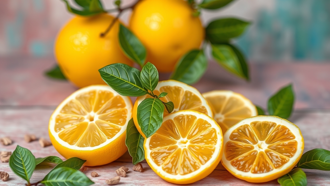 Friss bergamott gyümölcs és szeletek zöld levelekkel