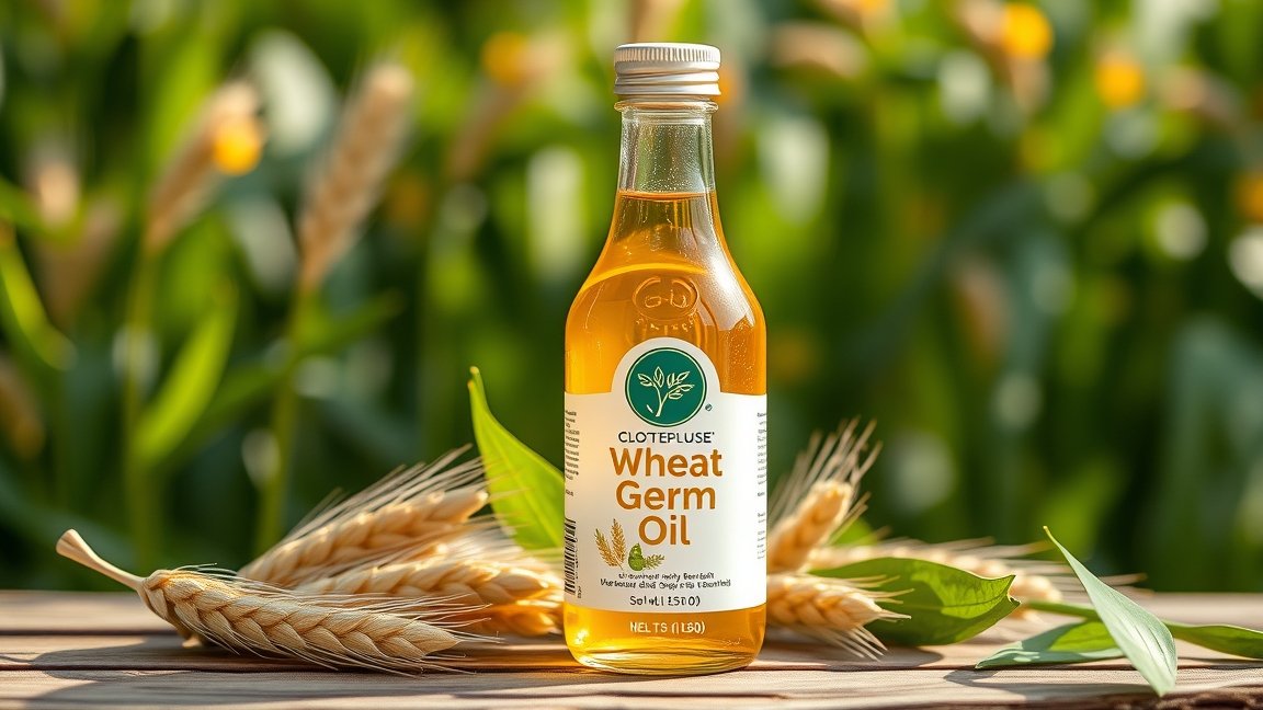 Búzacsíraolaj palack, búzafélék háttérben, természetes szépségápolás