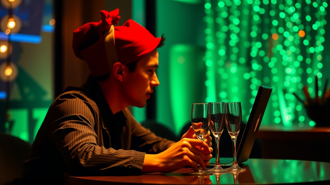 Férfi számítógép előtt pezsgőspoharakkal, ünnepi hangulatban