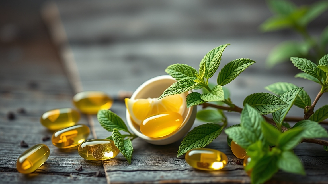 Citromfű kapszulák és friss citromfű levelek