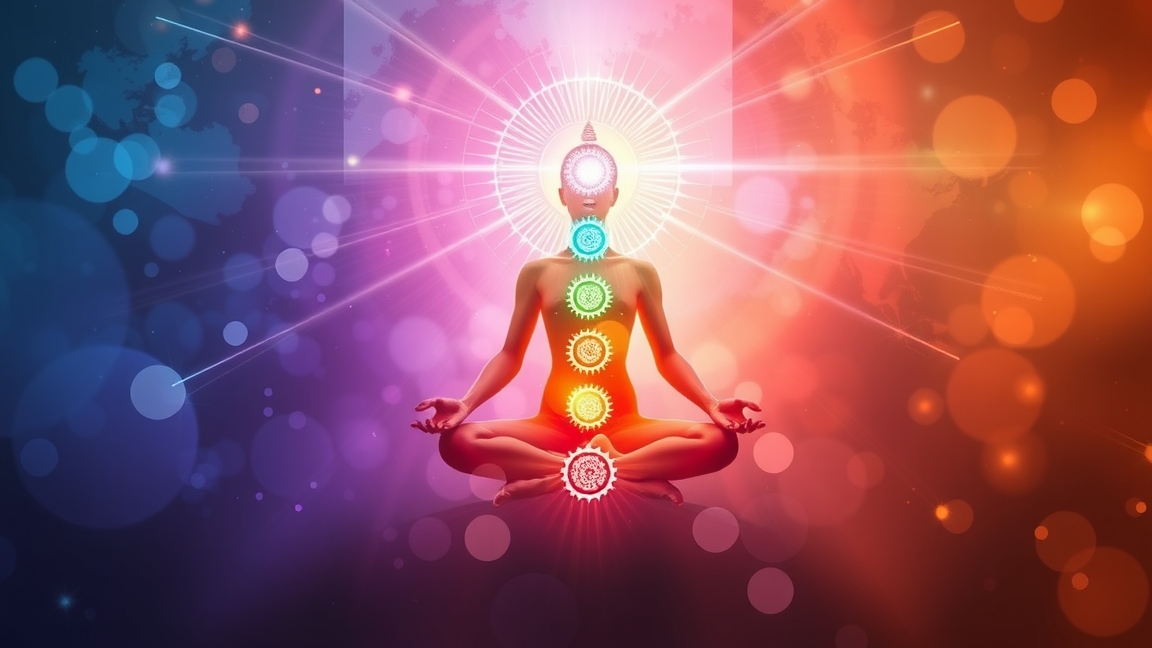 Meditáló figura a csakrák színeivel az energiaközpontok jelképezésére.