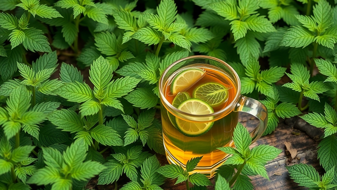 Csalántea lime és mentalevelekkel, friss növények között