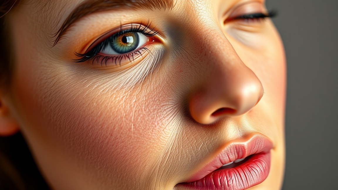 Részlet egy női arc közelről, kiemelve a bőr textúráját és ragyogását.