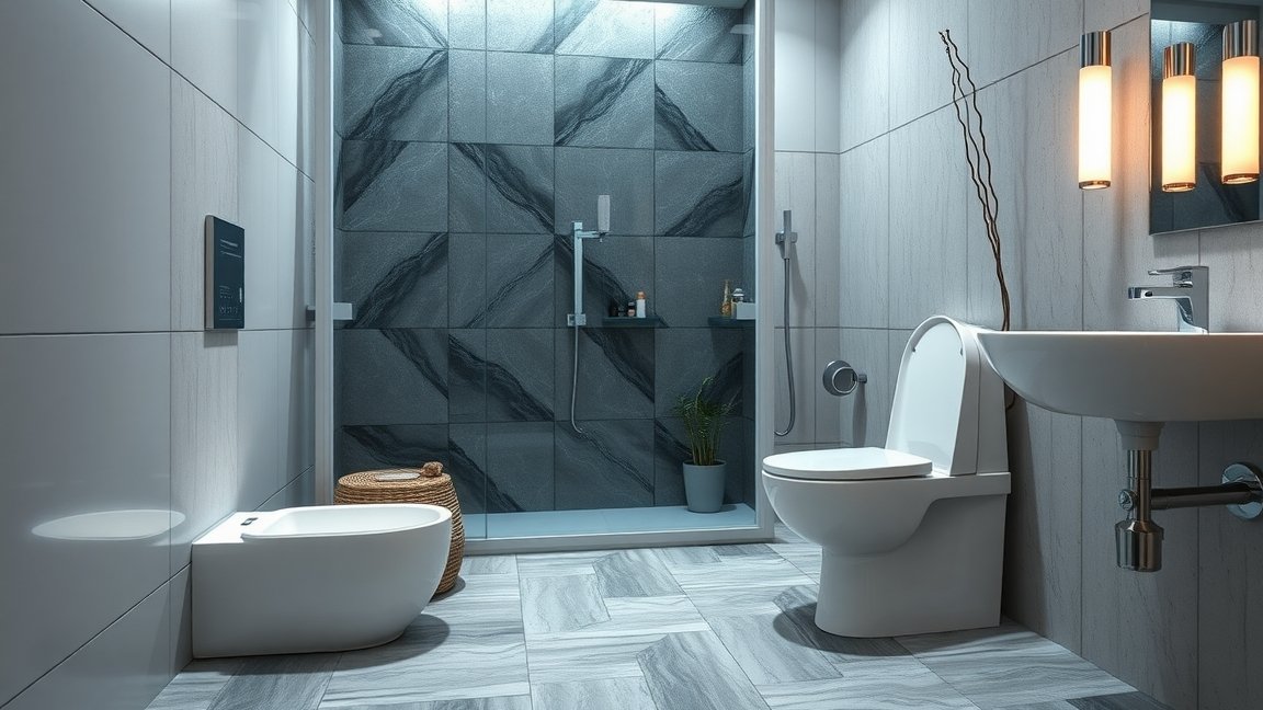 Modern darálós WC a fürdőszobában, zuhanyzóval és mosdóval.