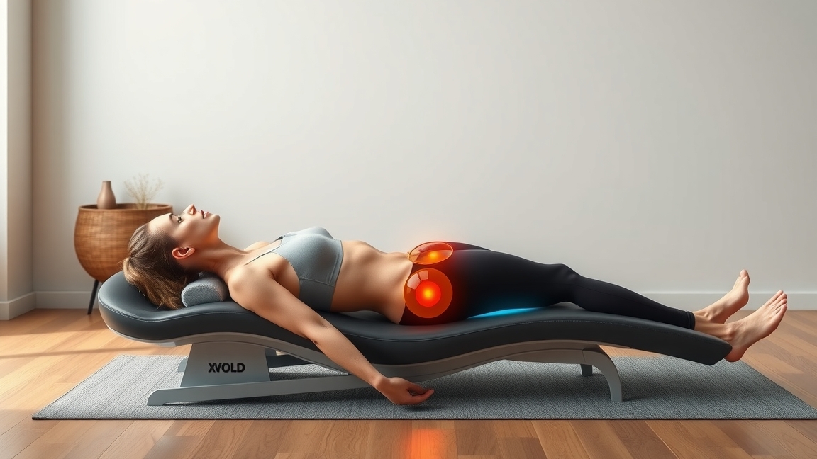 Egy nő pihen egy denéverpadon, gerincfájdalmai enyhítése céljából.