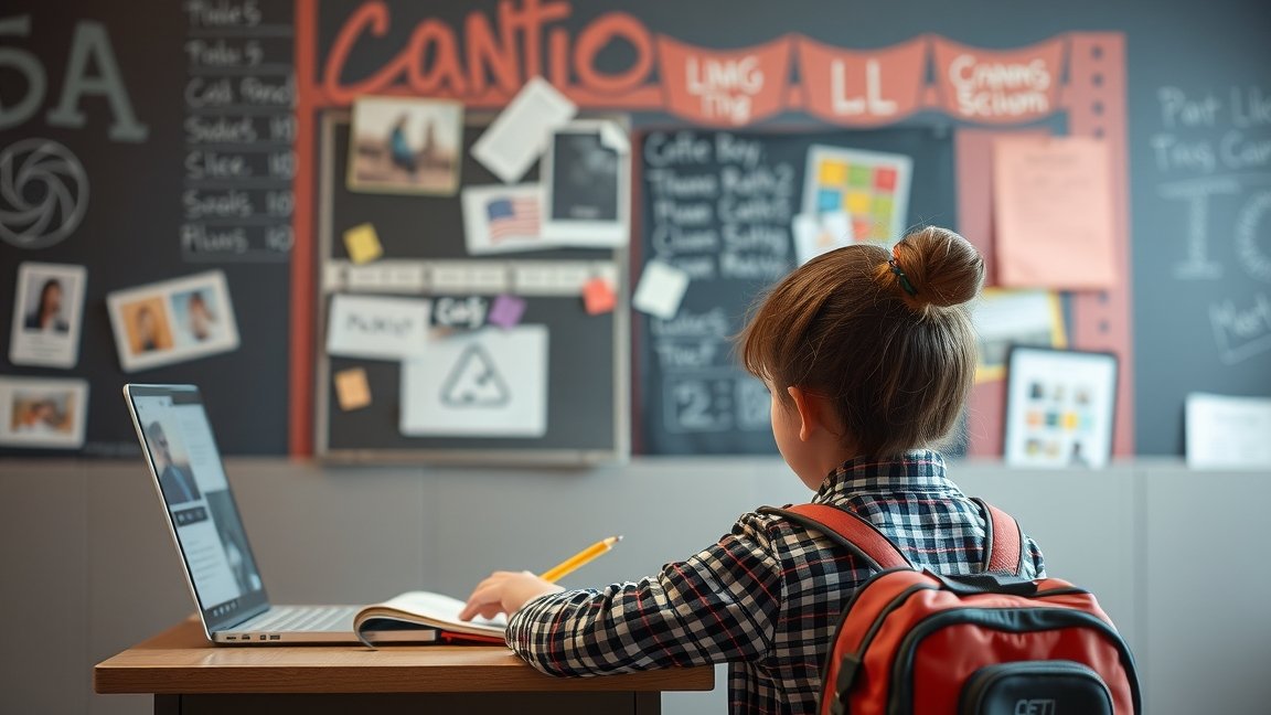 Diák digitális oktatási környezetben, laptop előtt ülve.