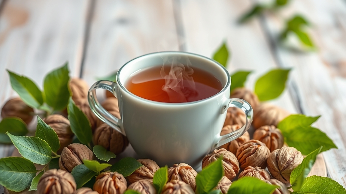 Diótea gőzölög egy fehér csészében, körbefonva dióhéjjal és levelekkel.