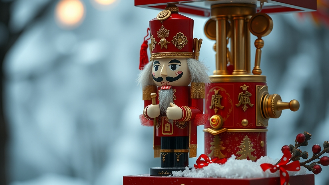 Diótörő gép díszítéssel, hóesés háttérben