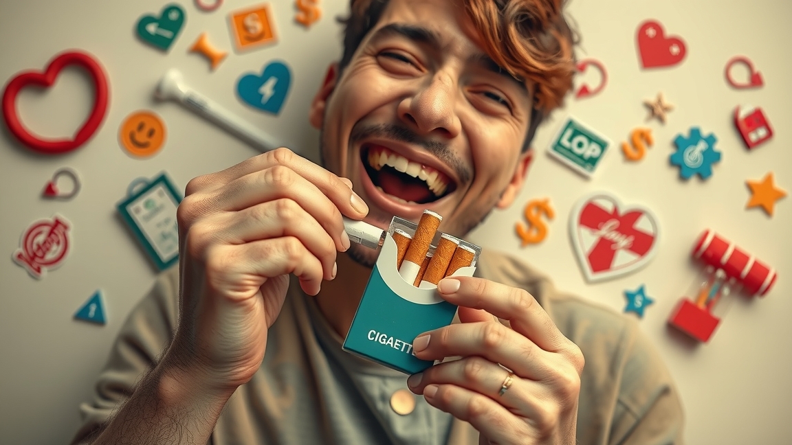 Boldog férfi, aki cigarettát tör, a dohányzásról való leszokás szimbóluma