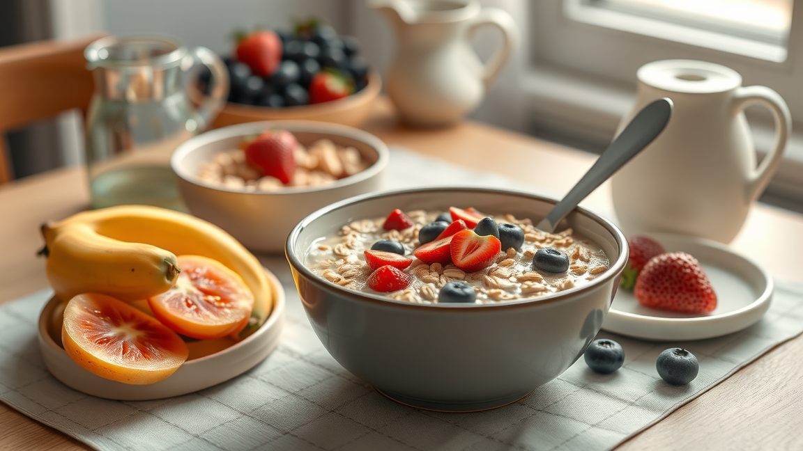 Tál zabkása friss gyümölcsökkel és egészséges reggeli összetevőkkel.