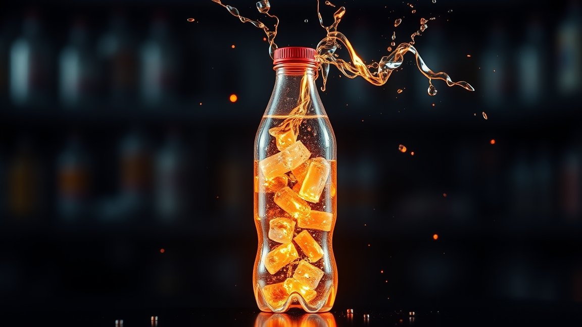 Üdítő energiaital jéggel, felszálló víz spriccel a palackból.