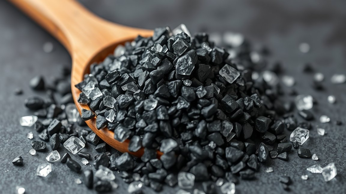 Fekete só fűszer ásványi anyagokkal dúsítva egy fakanálban.