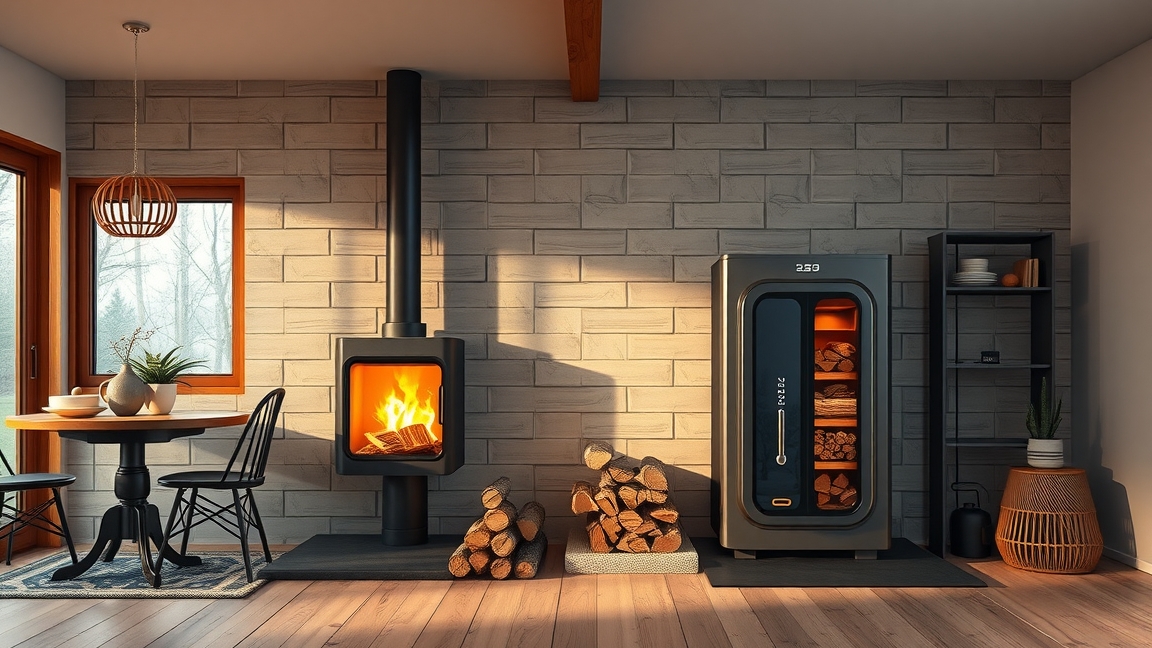 Modern fa tüzelésű kazán tűzhellyel és fát tároló szekrény.