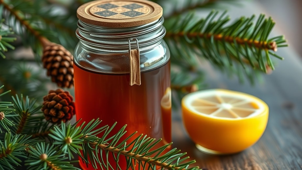Fenyőszirup és citrom egy üvegedényben fenyőágakkal körülvéve.