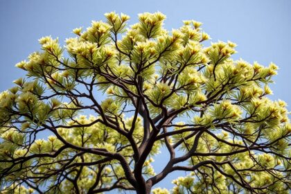 Indiai tömjénfa kora tavaszi virágzásban, zöld levelekkel.