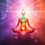 Meditáló figura a csakrák színeivel az energiaközpontok jelképezésére.