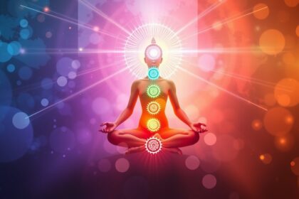 Meditáló figura a csakrák színeivel az energiaközpontok jelképezésére.
