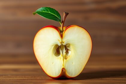 Felezett alma, amely szív formát öltött, zöld levéllel.