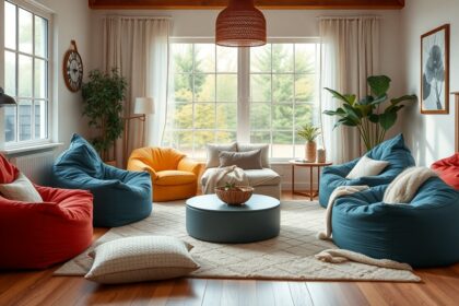 Színes babzsákfotelek egy világos nappaliban, kényelmes otthoni stílusban.