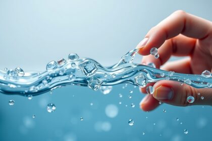 Kéz, amely vízcseppeket és buborékokat tart egy folyó vízáramban