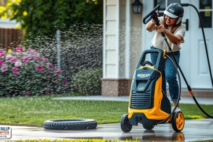 Nő nagynyomású mosót használ a teraszon szennyeződések eltávolítására.