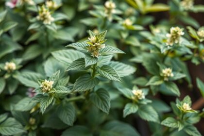 Citromfű növény virágokkal, zöld levélzet a háttérben.