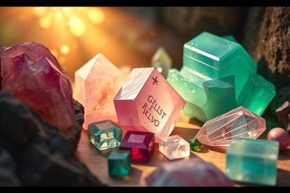 Színes kristályok és gyógyító kövek egy asztalon, lágy fényben.