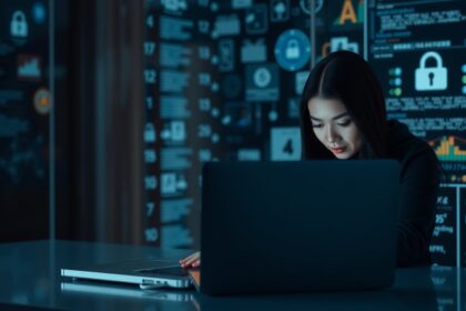 Nő számítógépen dolgozik, digitális adatbiztonság téma.