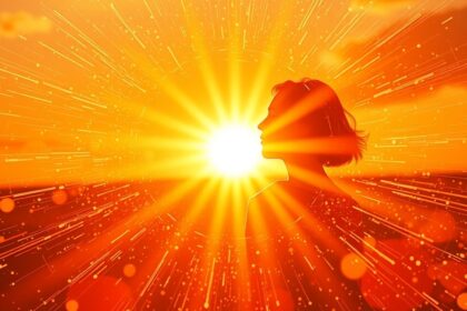 Napkő energiáját sugárzó női siluett naplementében