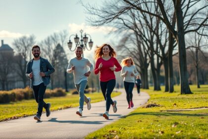 Négy ember gyors gyaloglás közben egy parkban, napfényes időben.