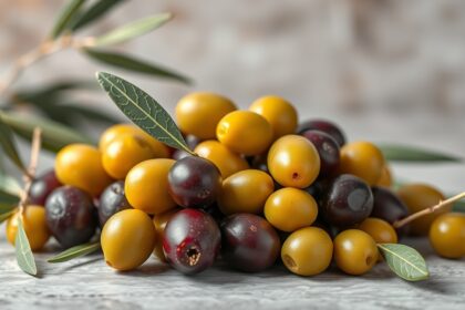 Friss olajbogyók különböző színekben, zöld és fekete árnyalatokban.