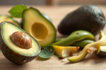 Friss avokádók és avokádó darabok, egészséges zsírok forrása.