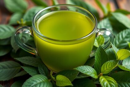 Zöld tea friss levelekkel, egészséges életmódhoz