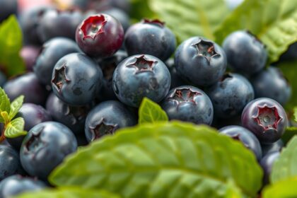 Friss áfonyák levelek között, amelyek jótékony hatással vannak az emésztésre.