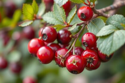 Tőzegáfonya bogyók zöld levelek között