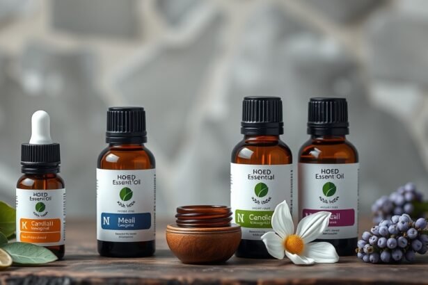 Illóolajok különböző fajtái természetes üvegben, virágok mellett.