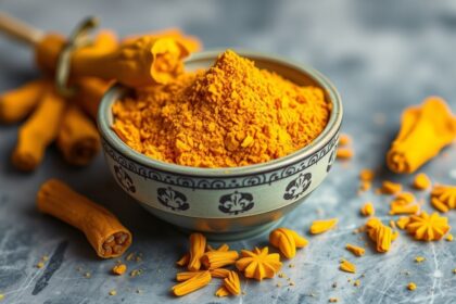 Kurkuma fűszer por egy tálban, mellette friss kurkuma gyökerek.