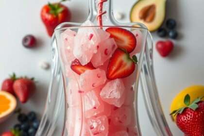 Friss gyümölcsökből készült smoothie jéggel és szívószállal.