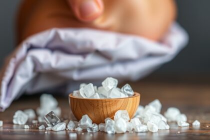 Magnézium kristályok egy fából készült tálban székrekedés kezelésére