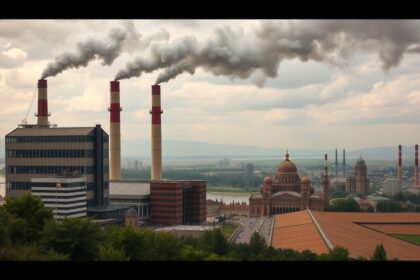 Ipari táj, gyárakkal és füstölgő kéményekkel Magyarországon.