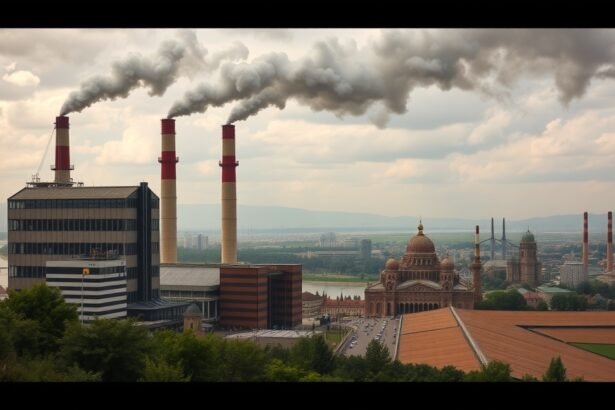 Ipari táj, gyárakkal és füstölgő kéményekkel Magyarországon.