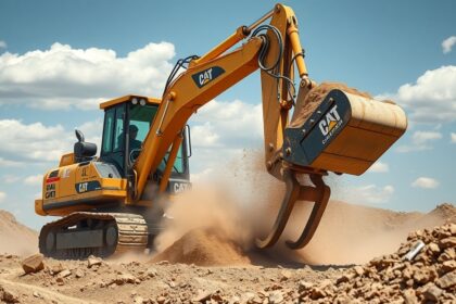 Ásógép dolgozik egy földmunkán, homokot emelve a talajból