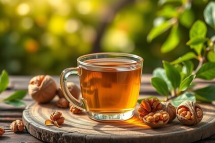 Diófalevél tea és diófélék egy fából készült tányéron.